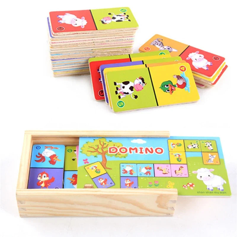 Montessori Wooden Domino Building Blocks Set Early Educational Toys Kids Cartoon Cognitive Animal Dominoes Puzzle Toy Children