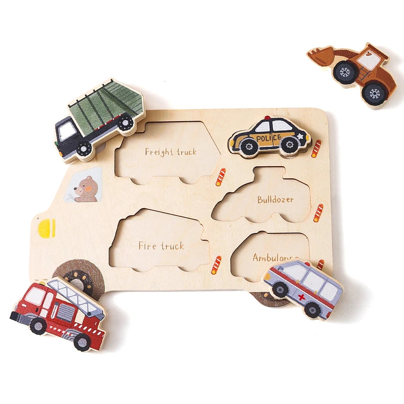 Wooden Puzzle Montessori Toys Kids Cartoon Vehicle Traffic Hand Grab Boards Early Educational Toys Tangram Jigzaw Cognitive Gift