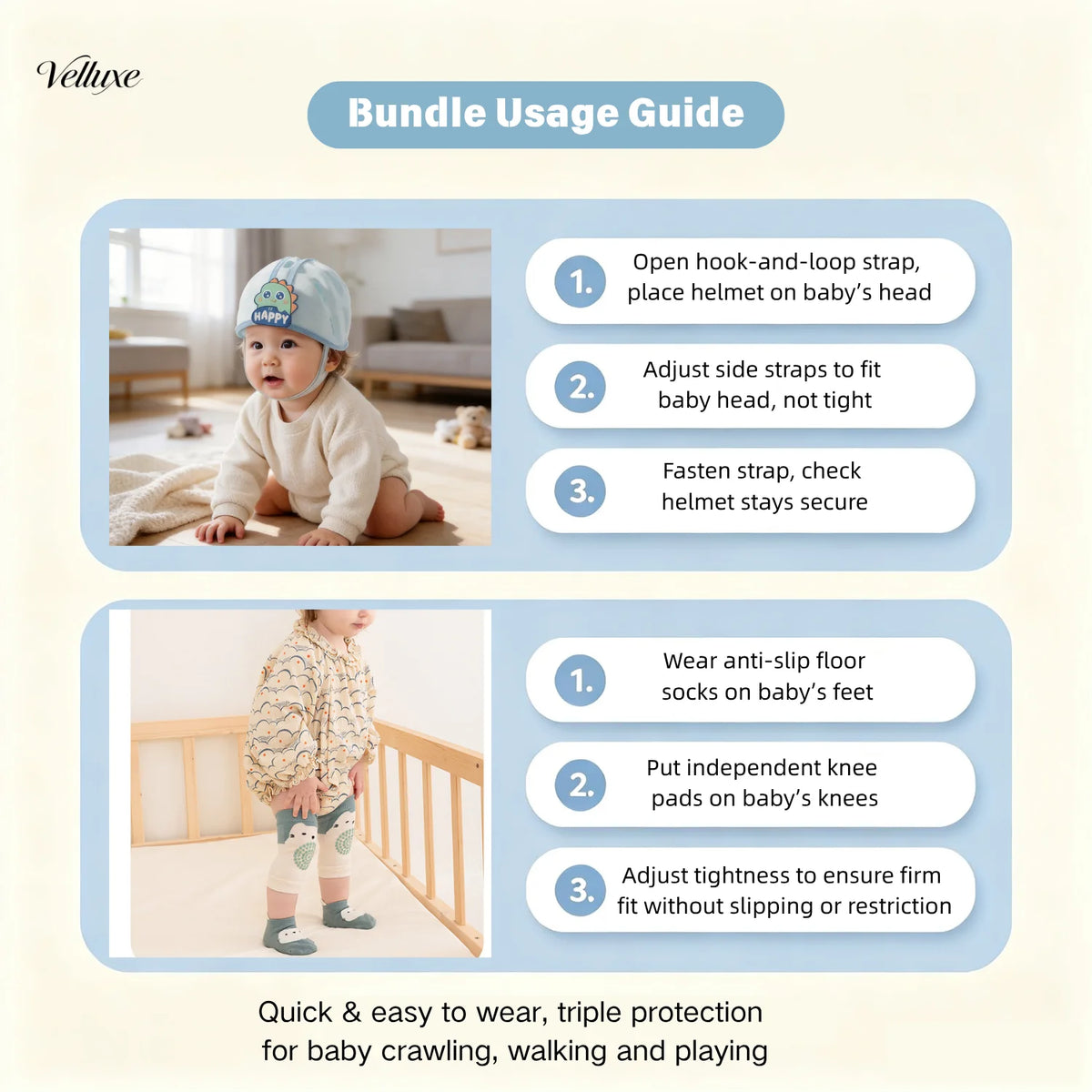 Baby Walking Protection Bundle, Adjustable Anti-collision Helmet &Knee Pads & Anti-slip Socks, Full Safety Gear for Toddler Cra