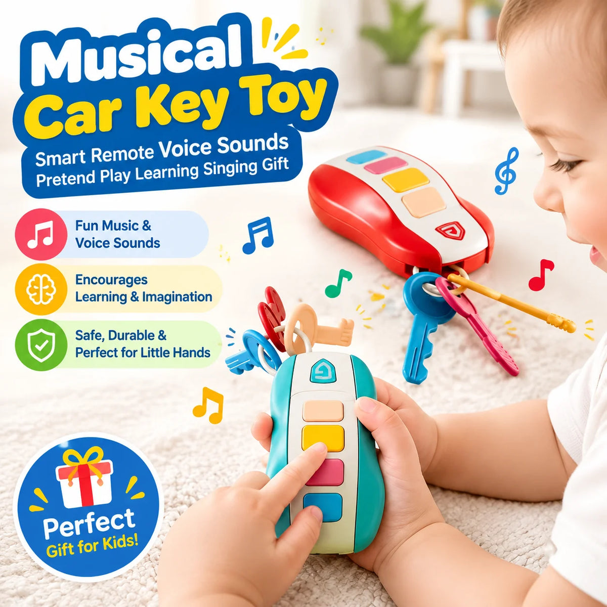 Musical Car Key Baby Toy with Smart Remote Voice Sounds Pretend Play Learning Singing Gift