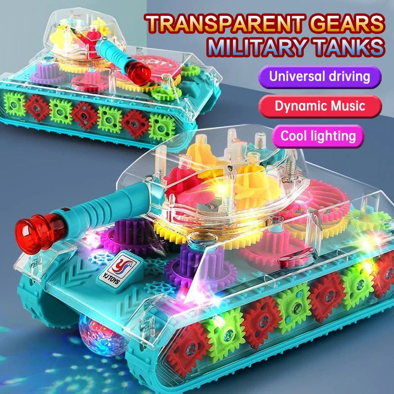 Electric Tank Toy with Mechanical Gear Rotation Cool Lighting & Music Engineering Vehicle Christmas Holiday Gift Toy for Kids