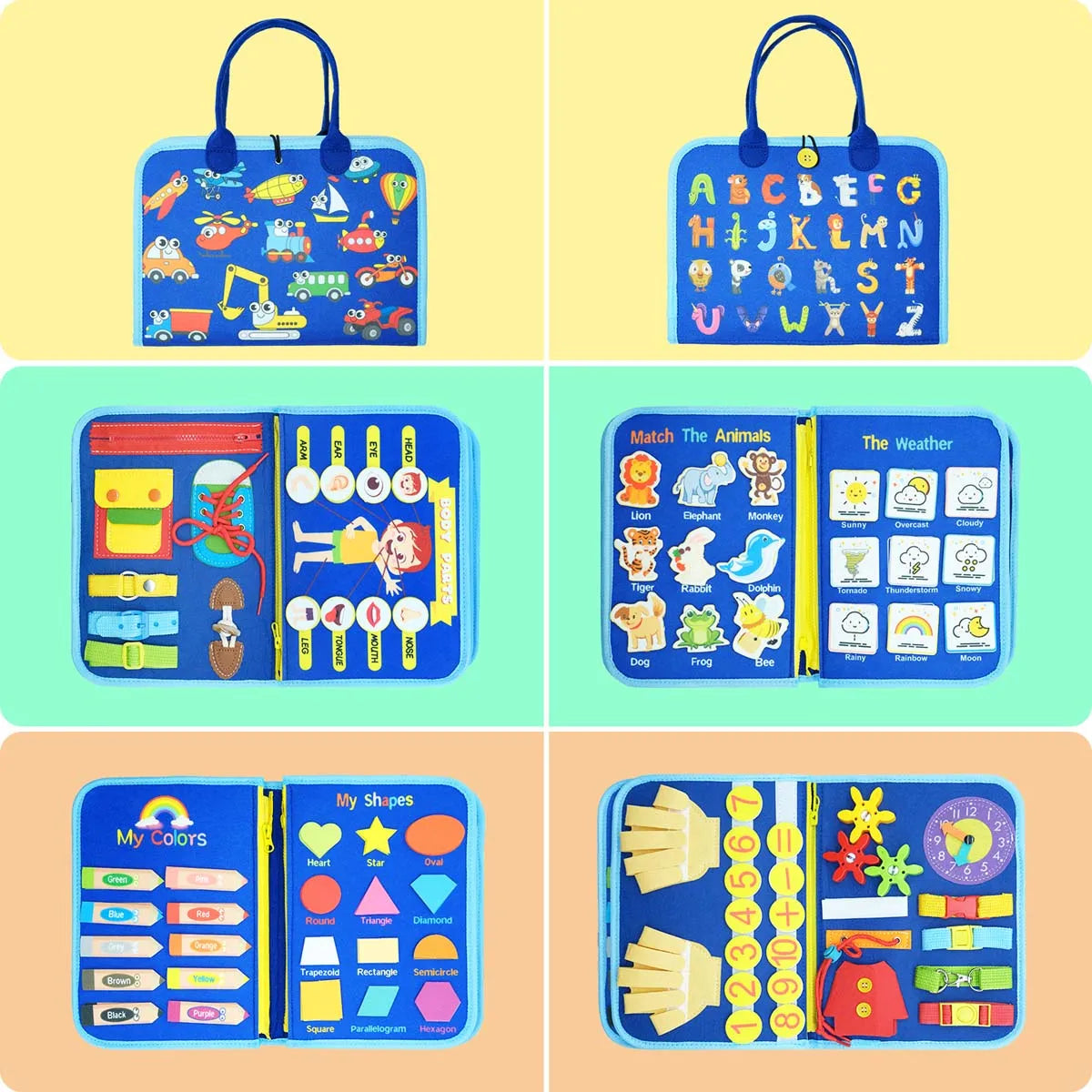 Montessori Busy Board Educational Learning Sensory Busy Book Toddler's Basic Motor Skills Activities Toy for Airplane Car Travel