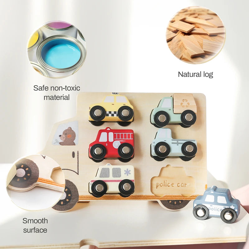 Wooden Puzzle Montessori Toys Kids Cartoon Vehicle Traffic Hand Grab Boards Early Educational Toys Tangram Jigzaw Cognitive Gift
