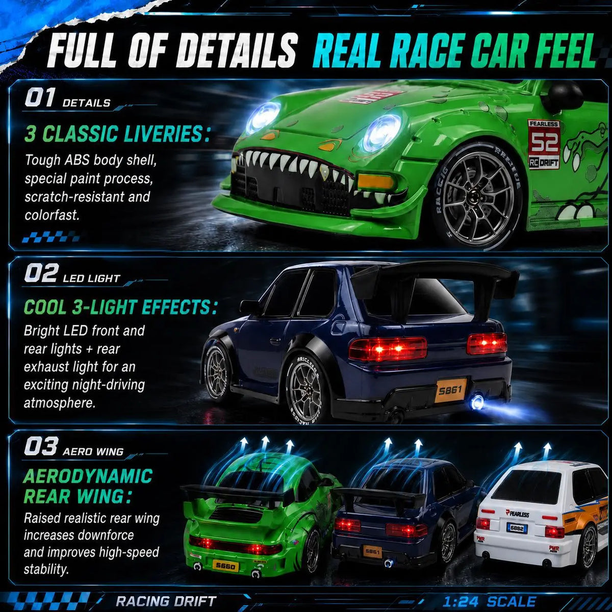 New Creative Mini Drift Car Simulation 1:24 Dinosaur Coating Sports Car Model Trendy Ornament Lighting 4WD Drift Car