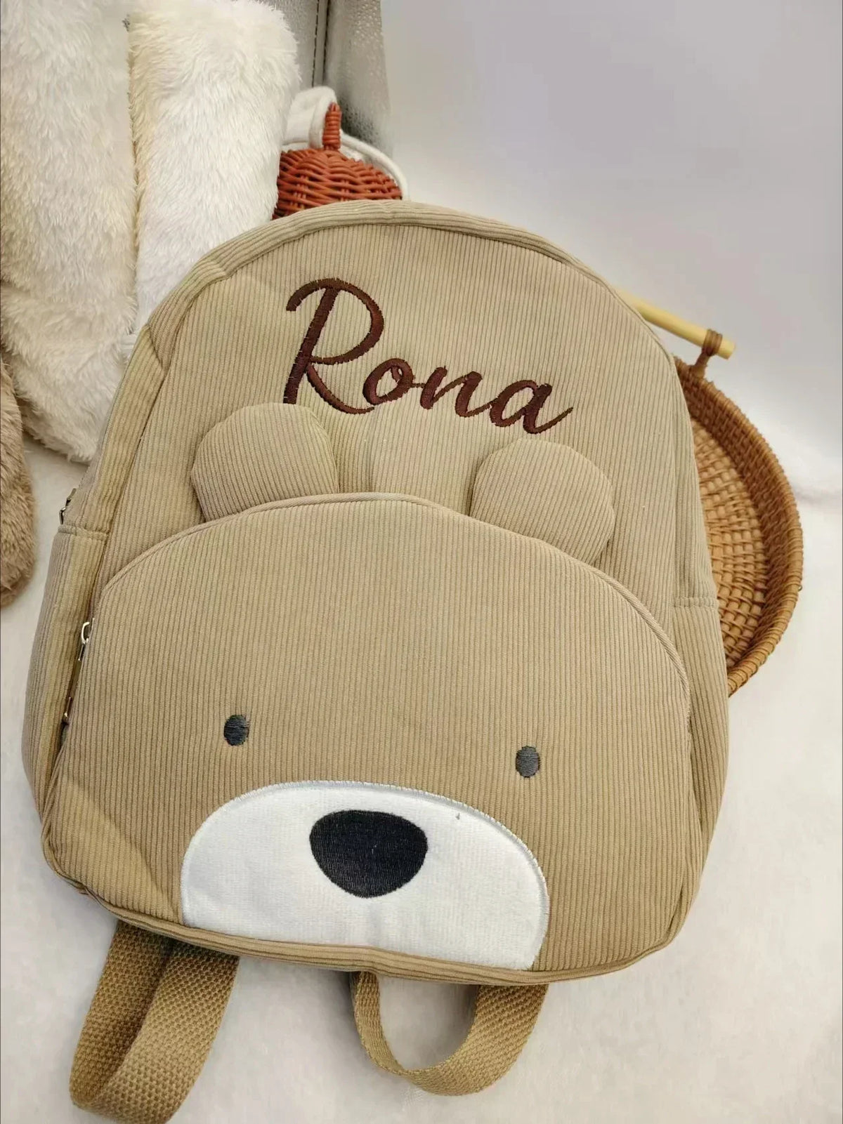 Personalized corduroy Backpack custom name embridery kindergarten schoolbags for children girls boys solid baby cute bags bear