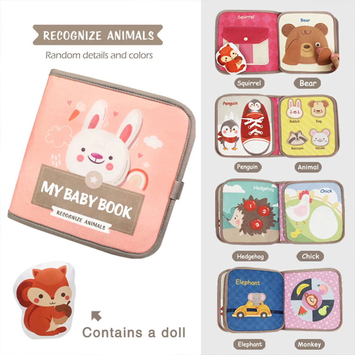 1pcs Montessori Busy Book Baby Early Education Book, Puzzle Toy, Animal Cognitive Fabric Book, Repeated Paste Book & Sensory Toy