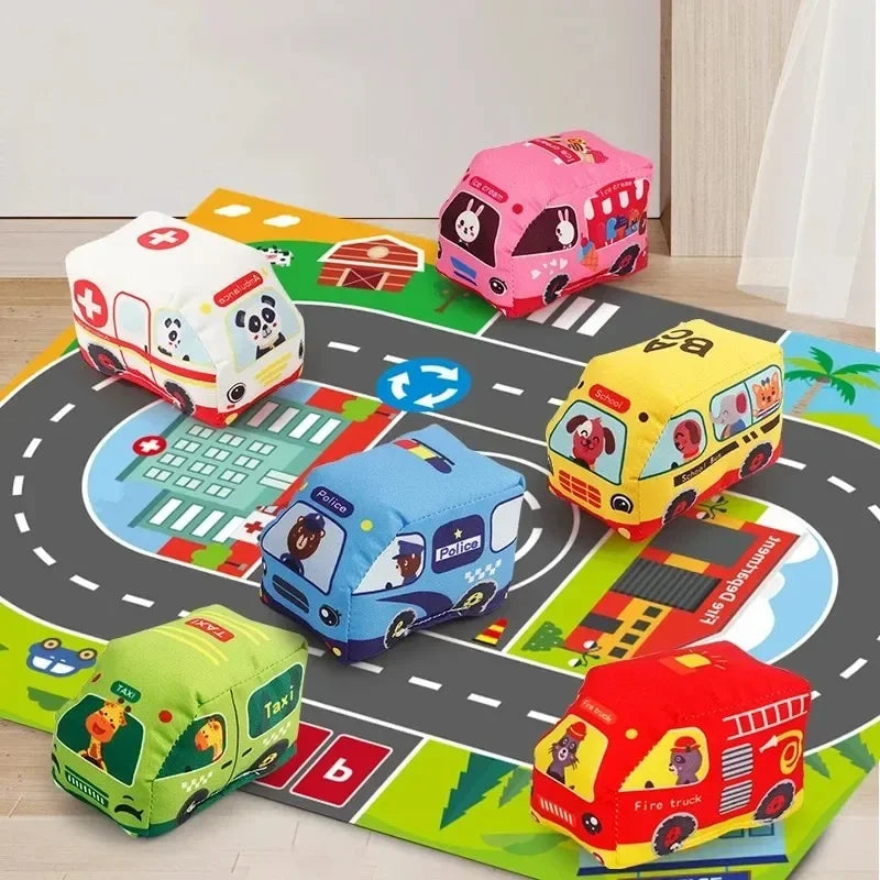 Early Learning Montessori Soft Cloth Car Toy Set with Play Mat 6 Vehicle For Baby Interactive Sound Paper Rattle Toy 12-18 Month