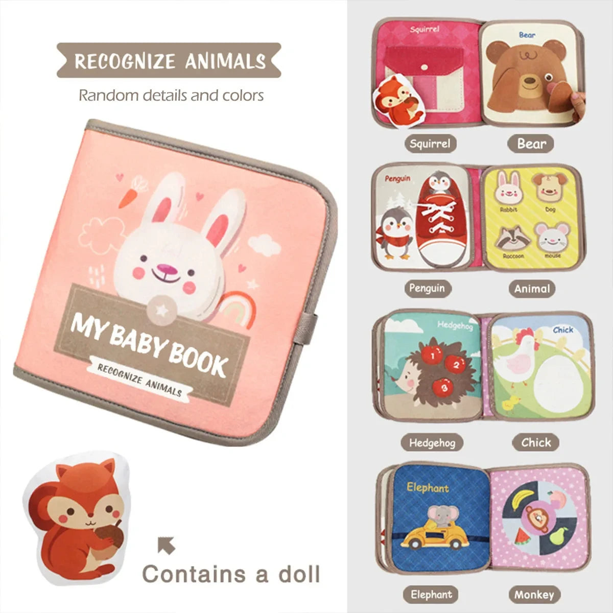1pcs Montessori Busy Book Baby Early Education Book，Puzzle Toy, Animal Cognitive Fabric Book, Repeated Paste Book & Sensory Toys