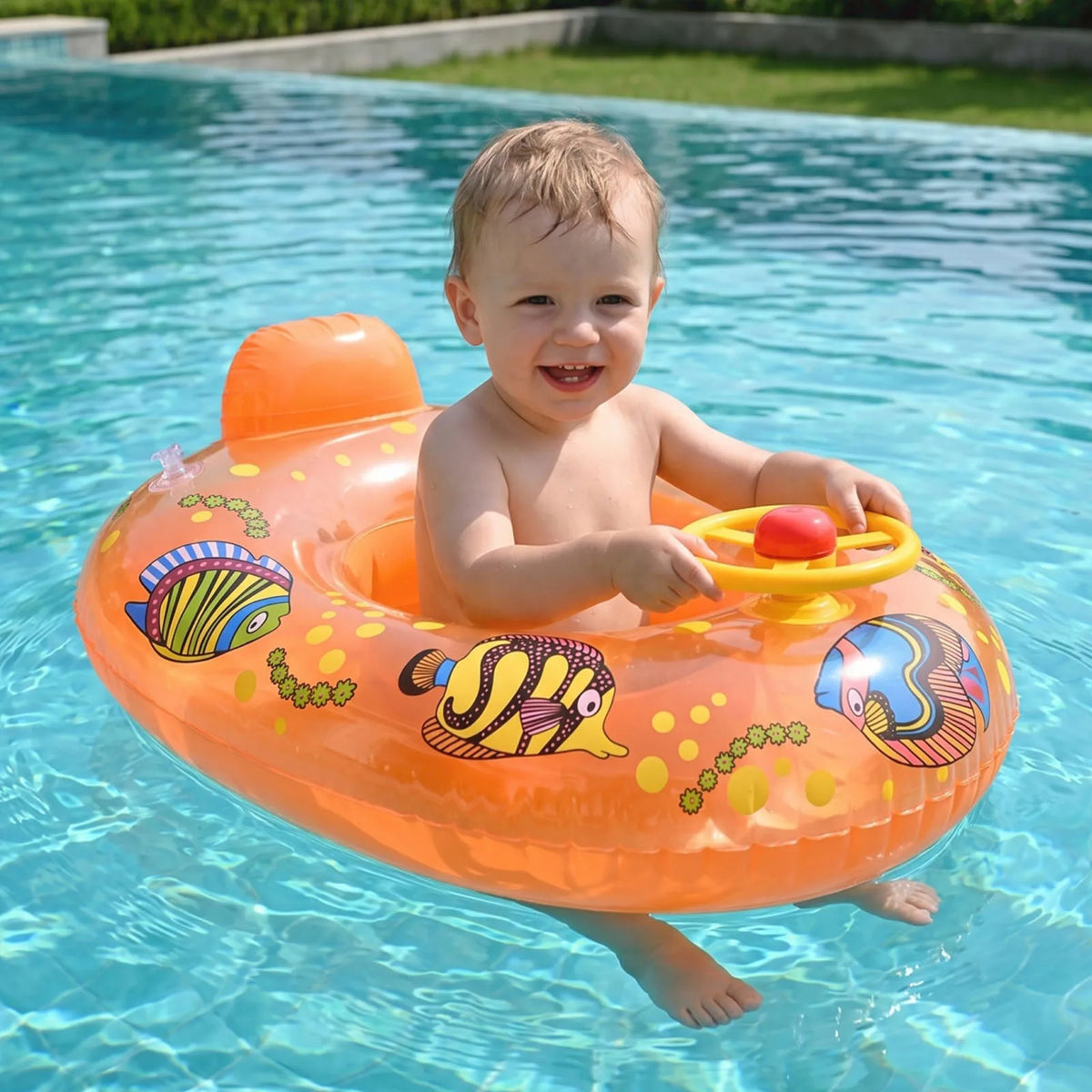 Baby Pool Float with Canopy Summer Steering Wheel Swim Ring Car PVC Inflatable Toys Infants Float Seat Boat for Kids Toddlers