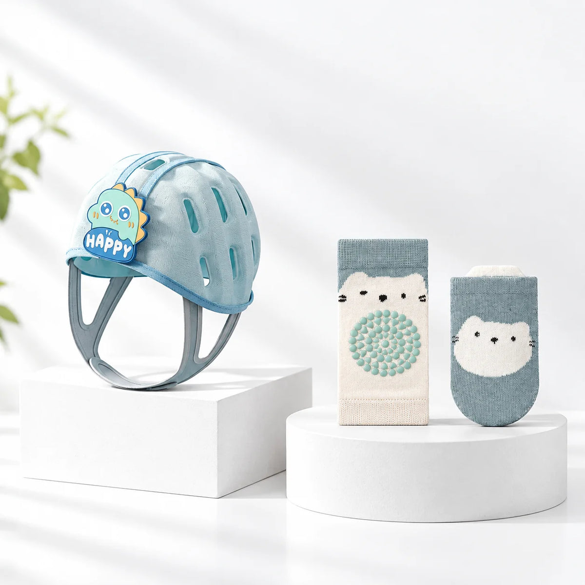 Baby Walking Protection Bundle, Adjustable Anti-collision Helmet &Knee Pads & Anti-slip Socks, Full Safety Gear for Toddler Cra