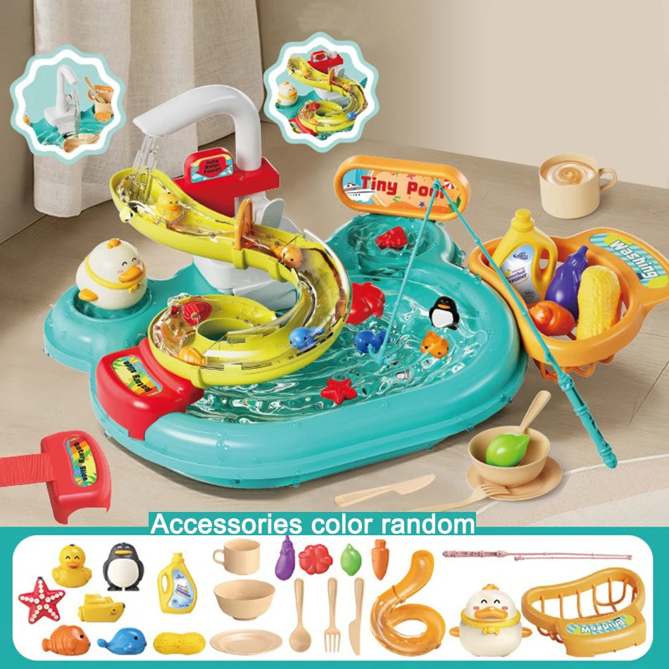 Kids Kitchen Sink Toys Electric Dishwasher Playing Toy With Running Water Pretend Play Food Fishing Toy Role Playing Girls Gift
