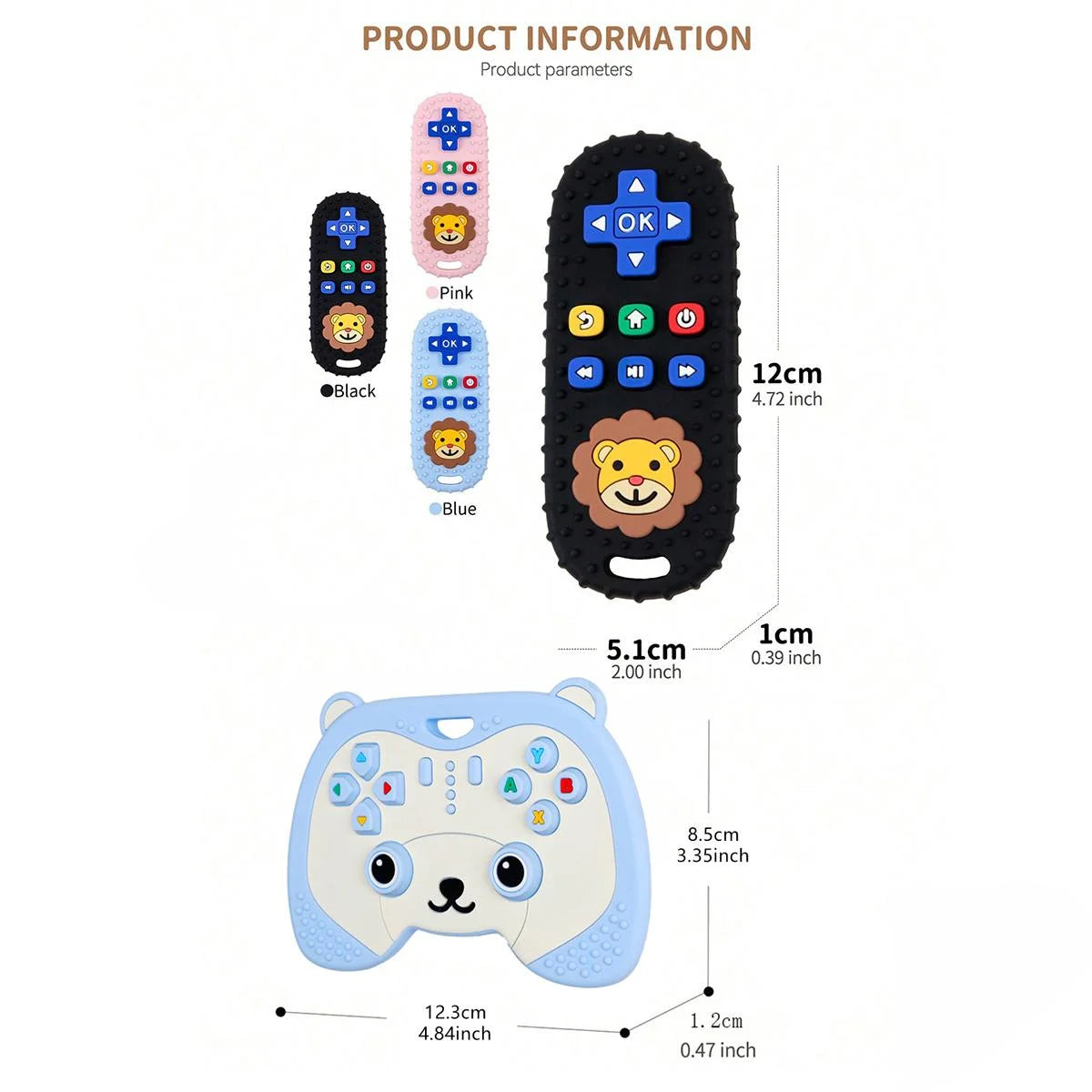 2Pcs Baby Teething Toys for 0-6 6-12 Months Silicone Bear Game Controller & Lion Teether Set