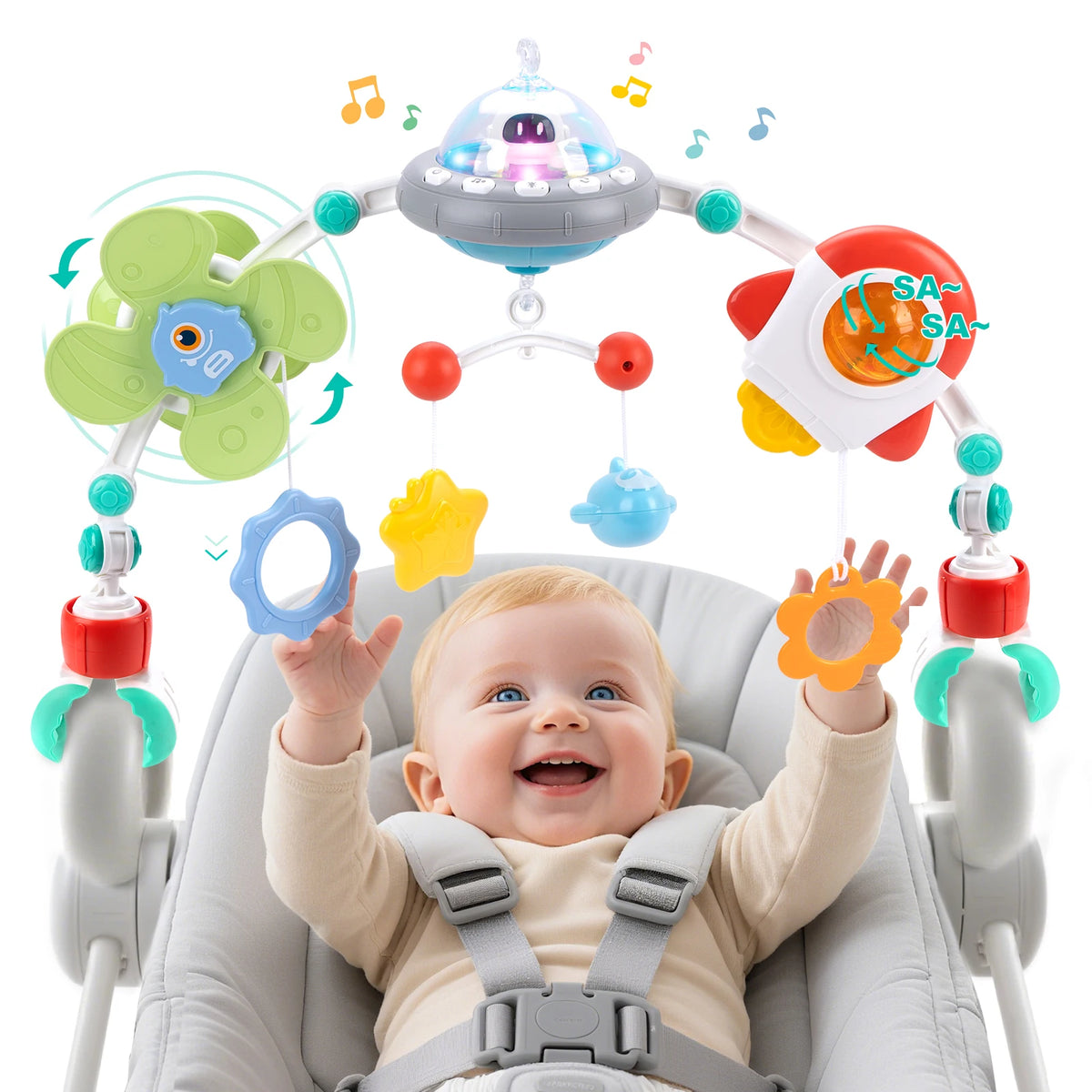 Baby Stroller Arch Toys Crib Music Rotating Bouncers Toys Fine Motor Skills Sensory Development Arch Car Seat Toys for New Born