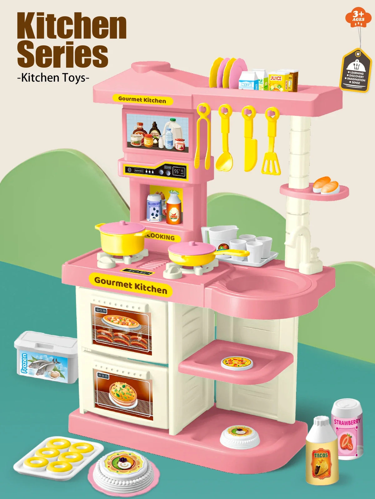Play Kitchen Accessories, Kitchen Playset Toys for Kids Foods Pots Pans Milk Bread Fork for 3+ Boys and Girls