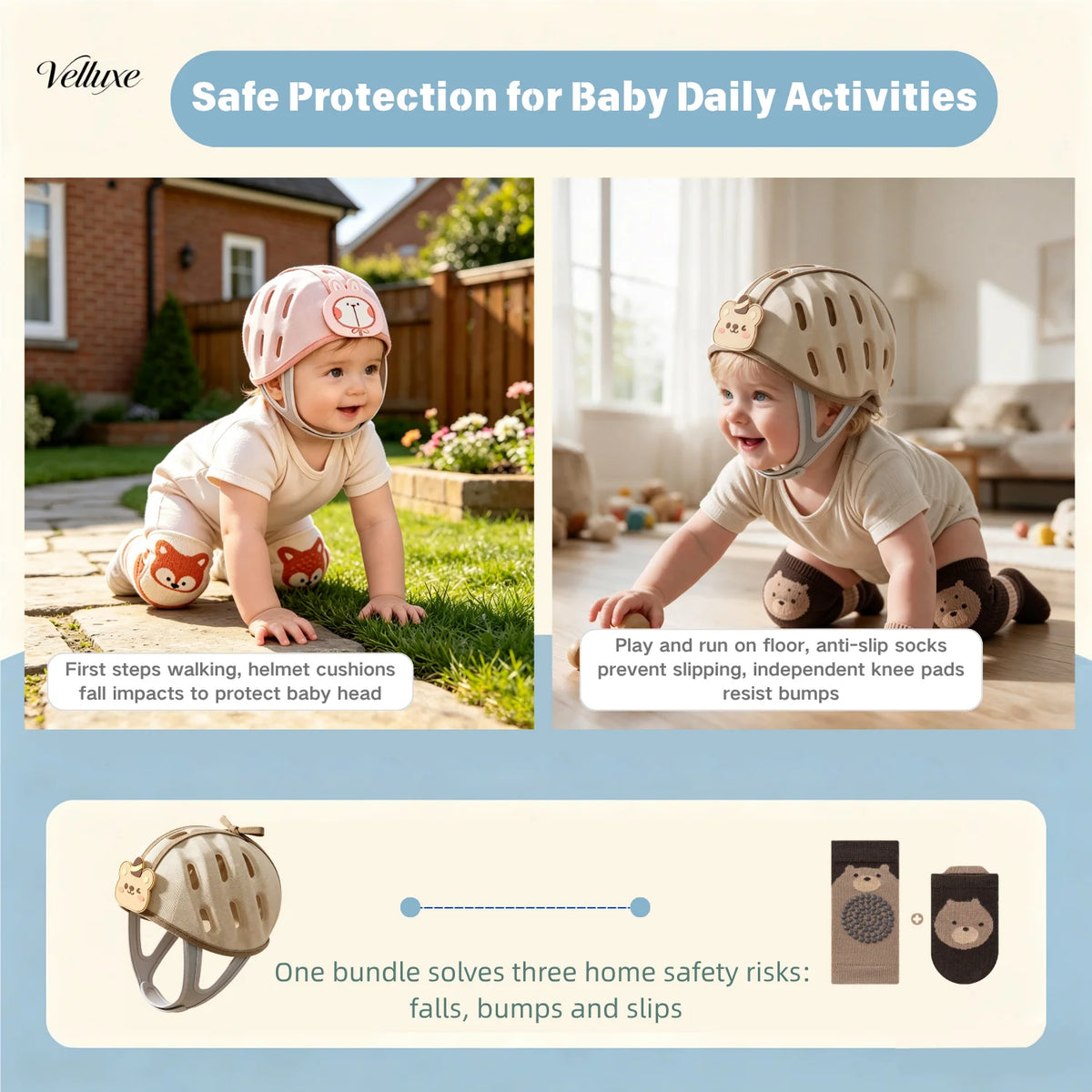 Baby Walking Protection Bundle, Adjustable Anti-collision Helmet &Knee Pads & Anti-slip Socks, Full Safety Gear for Toddler Cra