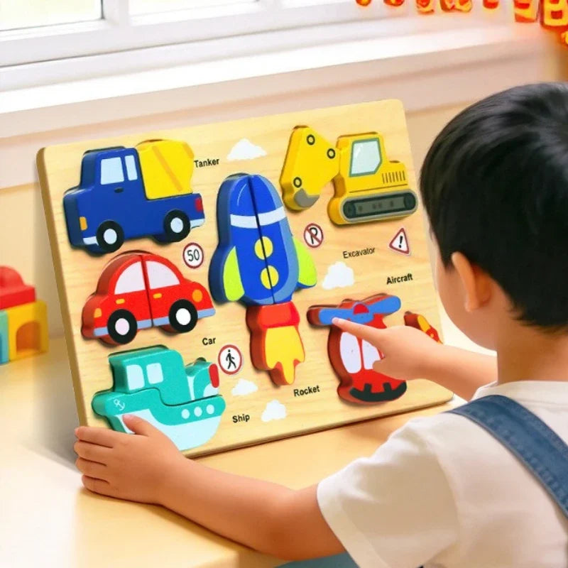 Montessori Wooden Toys 3D Wood Puzzles Cartoon Animal Car Fruit Cognitive Jigsaw Puzzle Early Learning Educational Toys for Kids
