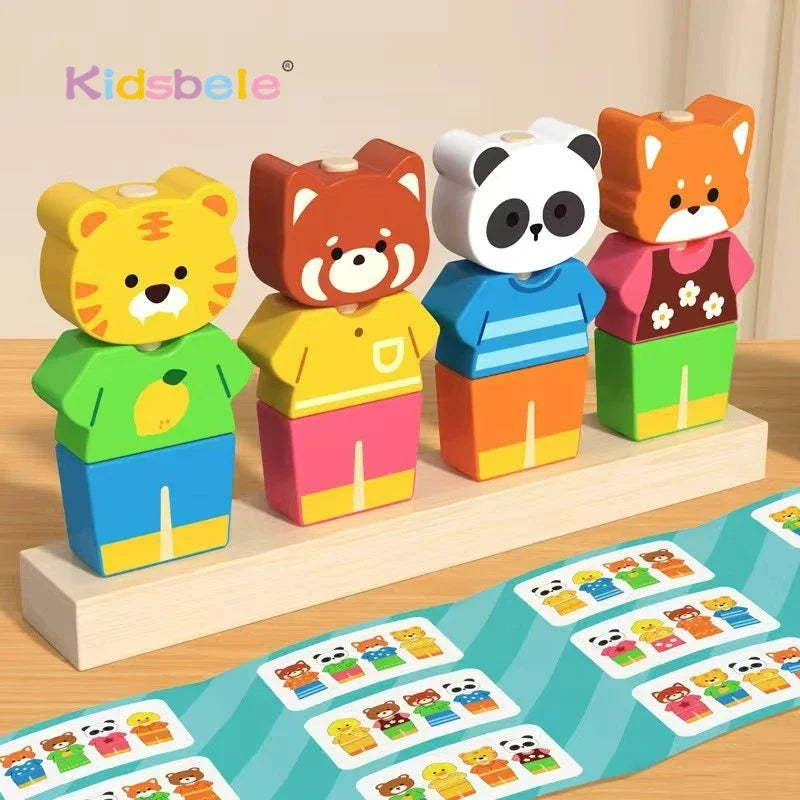 Montessori Wooden Animal Stacking & Dress Up Blocks  Educational Toy Colorful   Puzzle Imaginative Play for Children