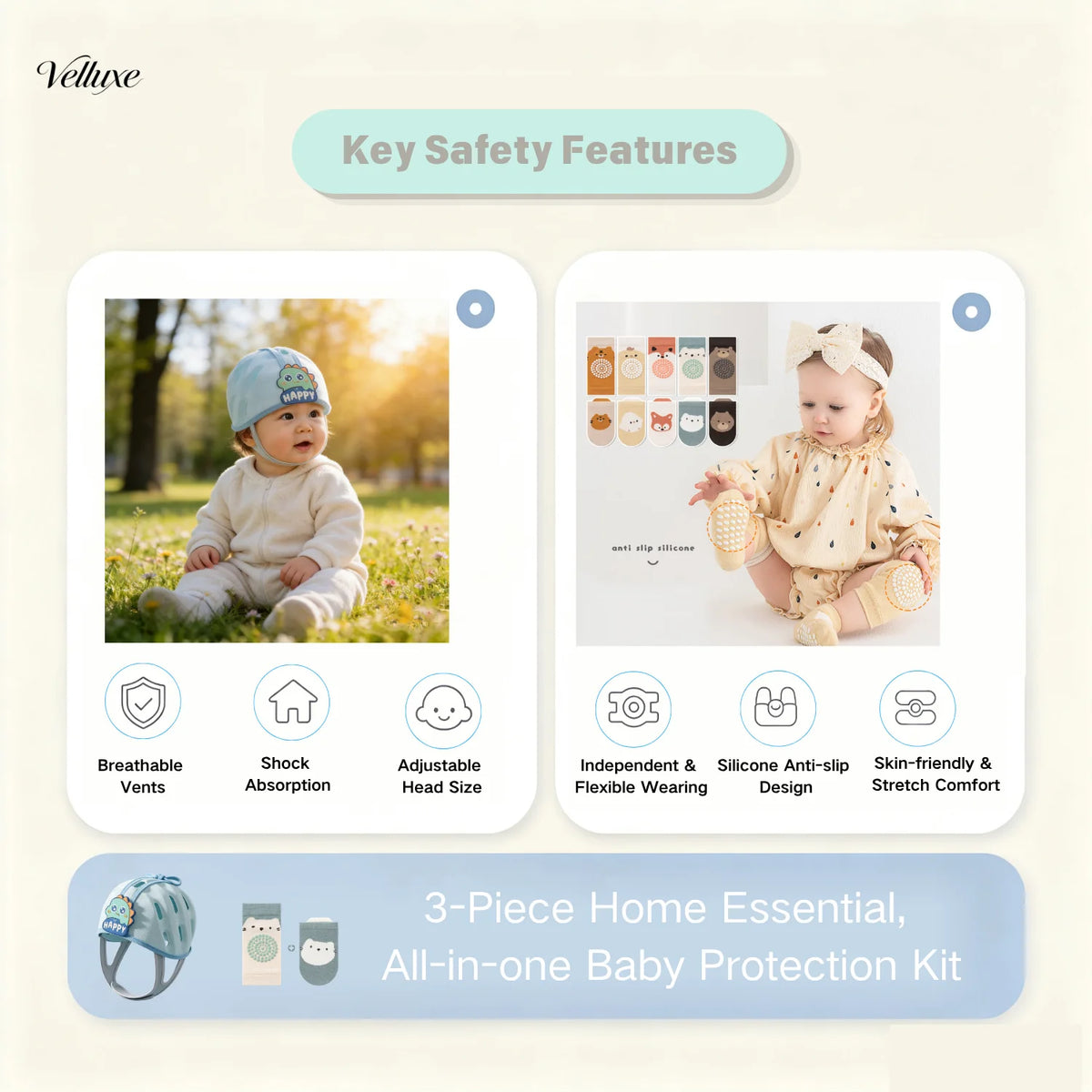 Baby Walking Protection Bundle, Adjustable Anti-collision Helmet &Knee Pads & Anti-slip Socks, Full Safety Gear for Toddler Cra