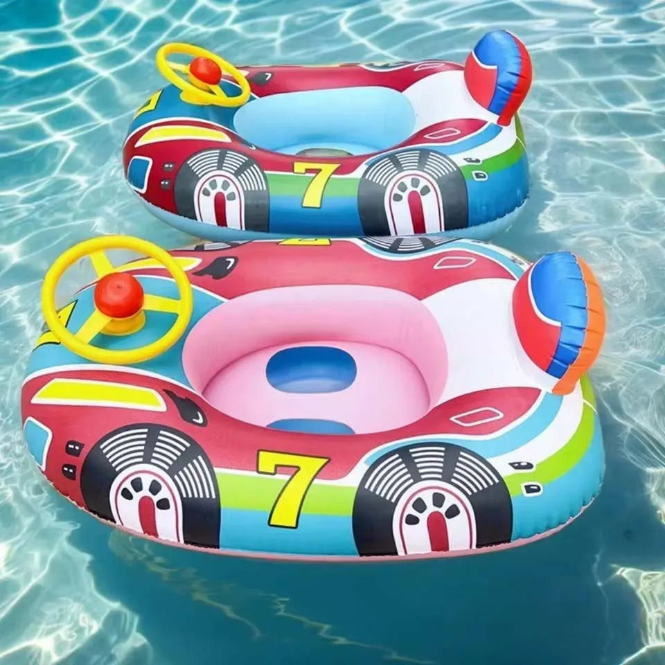 Baby Swimming Pool Float, Cute Car Design Kids Toddler Inflatable Summer Beach Floatie Boat Swim Tube Ring with Handles Safety
