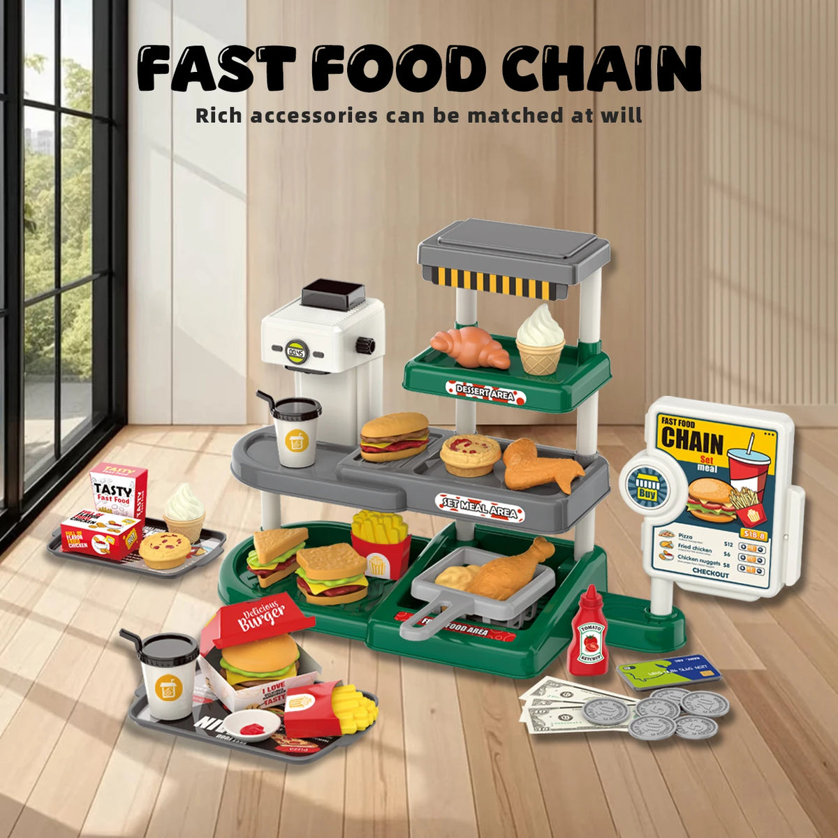 Children's Pretend-Play Toys  Realistic Hamburger Food, Fast Food Grill, Tent Set, Mini Collection for Role-Playing, Festive Gif