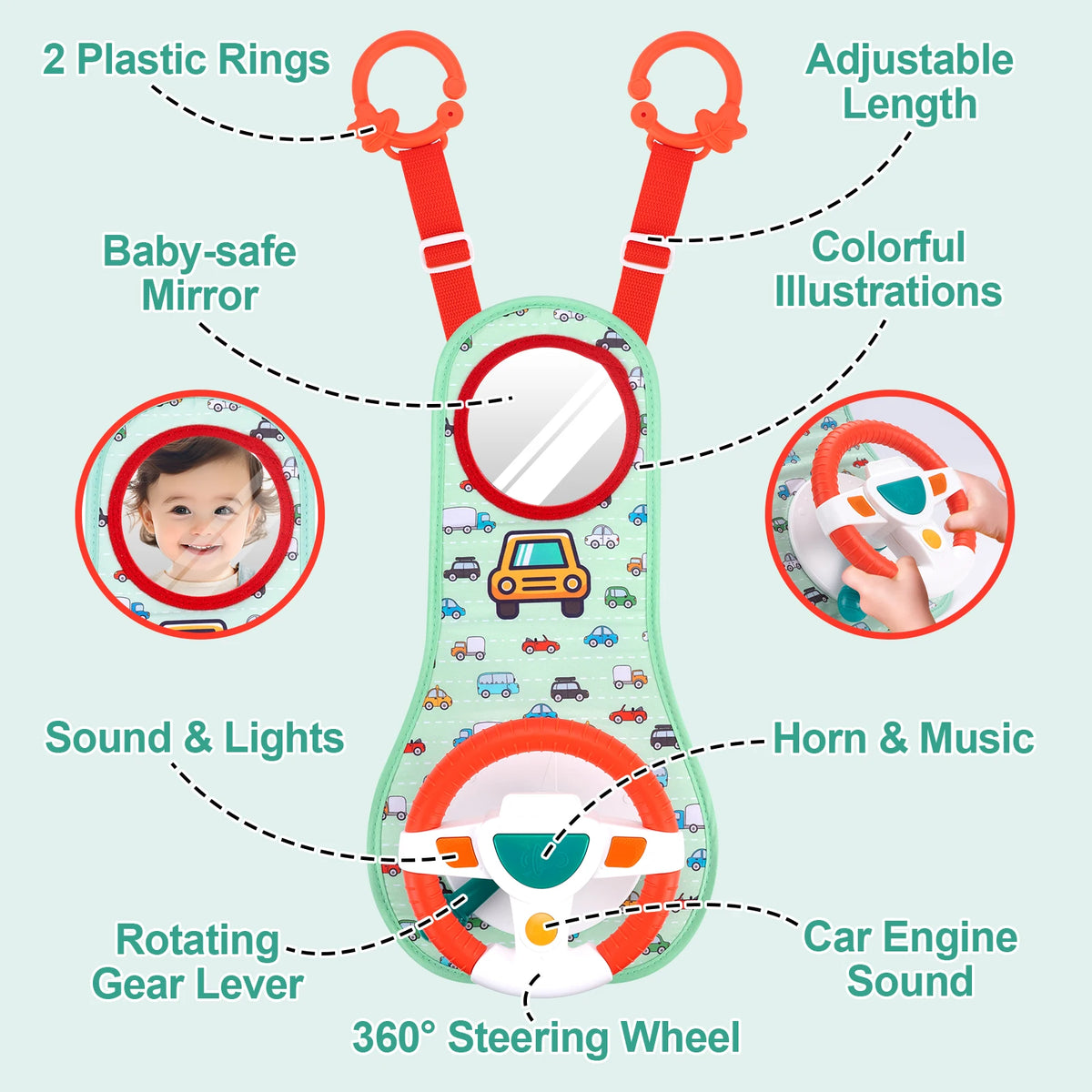 Baby Car Eletric Steering Wheel Toy with Music Simulate Driving Car Baby Seat Copilot Toys Hanging Toys for Todder 0-12M Gifts