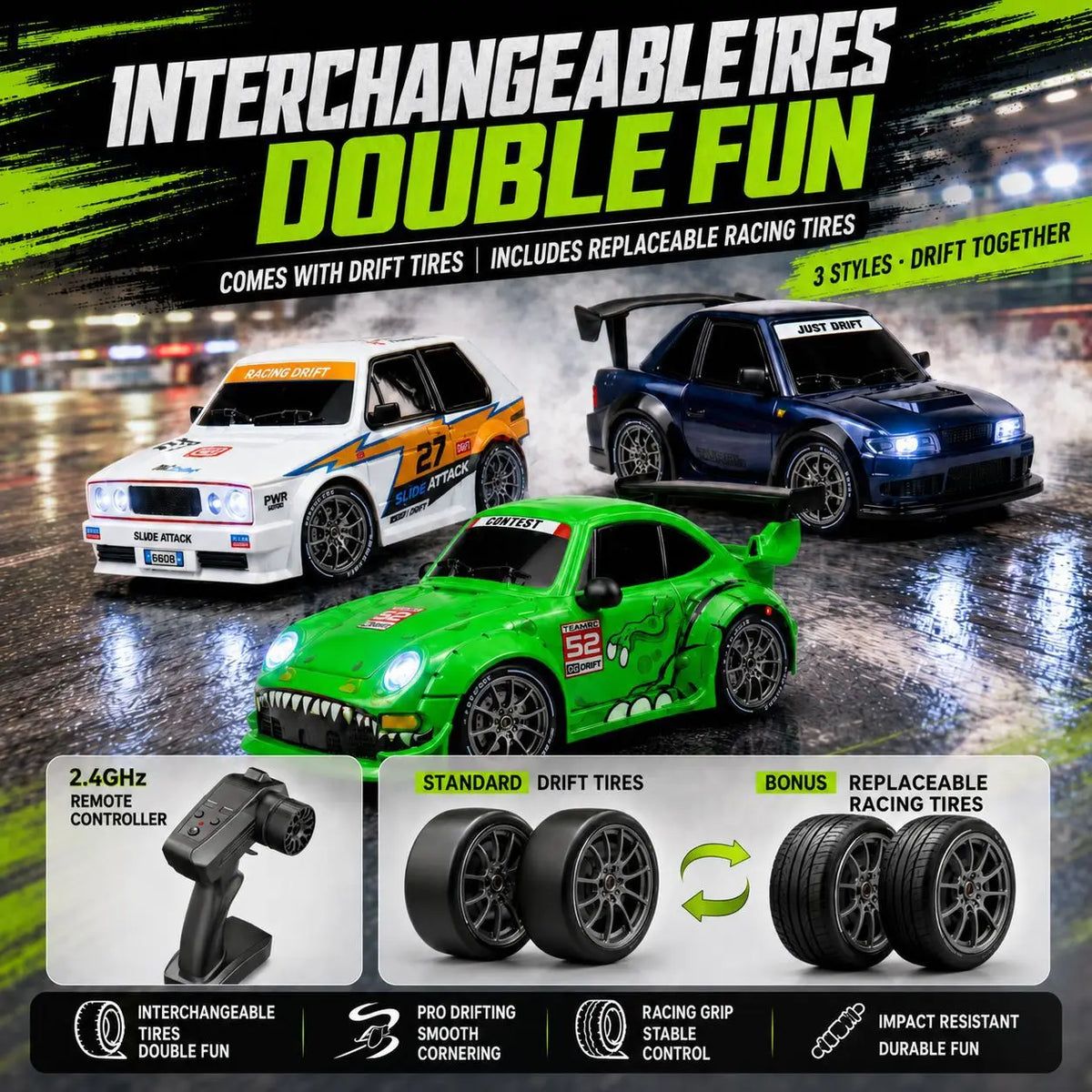 New Creative Mini Drift Car Simulation 1:24 Dinosaur Coating Sports Car Model Trendy Ornament Lighting 4WD Drift Car