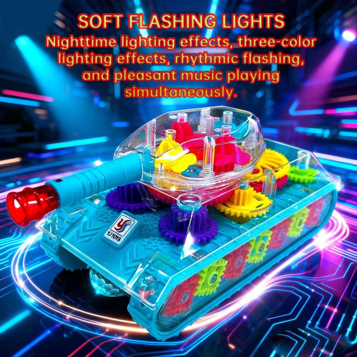 Electric Tank Toy with Mechanical Gear Rotation Cool Lighting & Music Engineering Vehicle Christmas Holiday Gift Toy for Kids