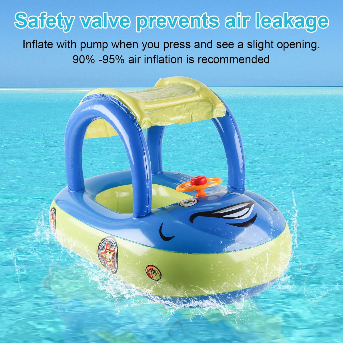 1pc Inflatable Baby Pool Seat Float with Canopy Sun Shade Swim Ring Water Seat Lounge Float with Steering Wheel Handles