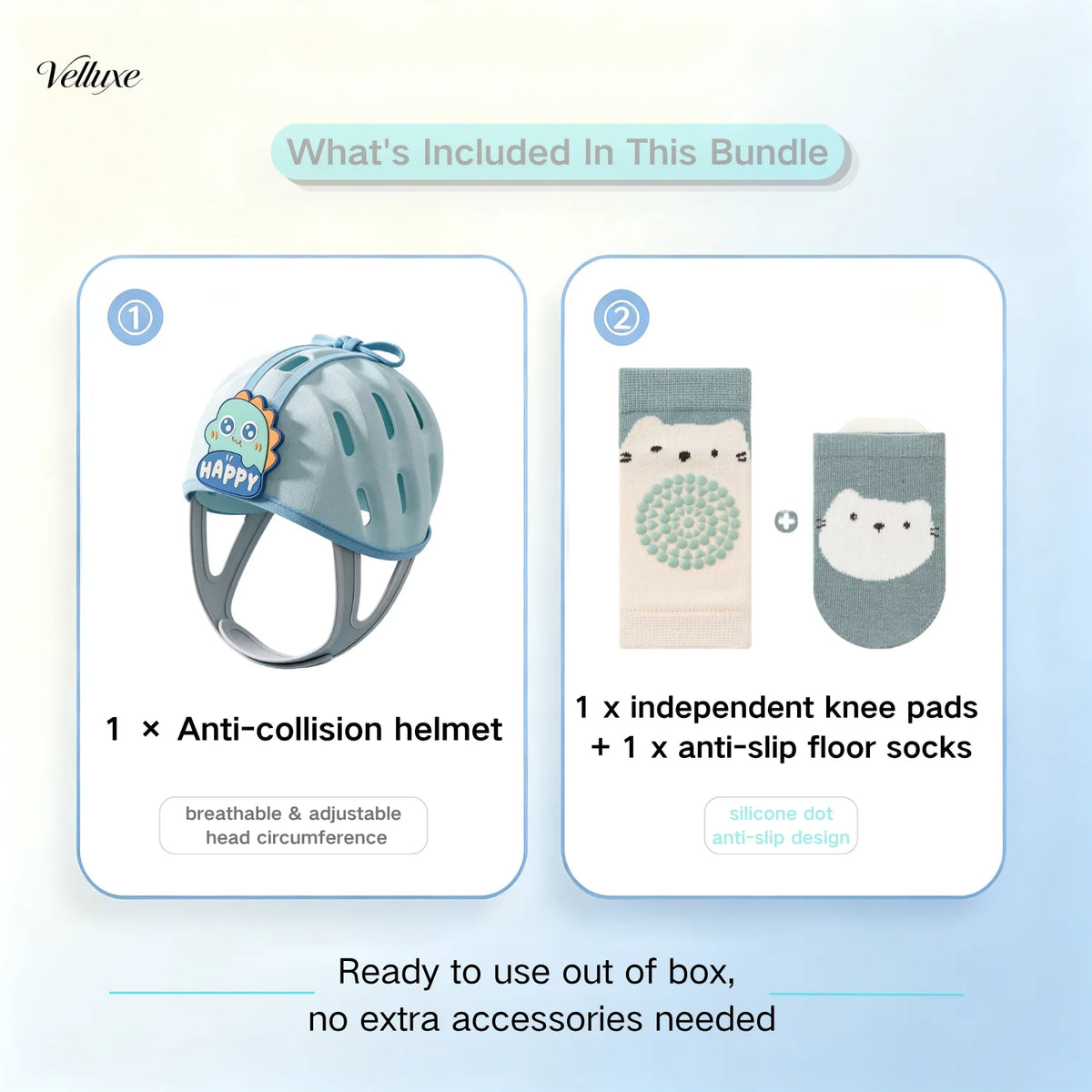 Baby Walking Protection Bundle, Adjustable Anti-collision Helmet &Knee Pads & Anti-slip Socks, Full Safety Gear for Toddler Cra