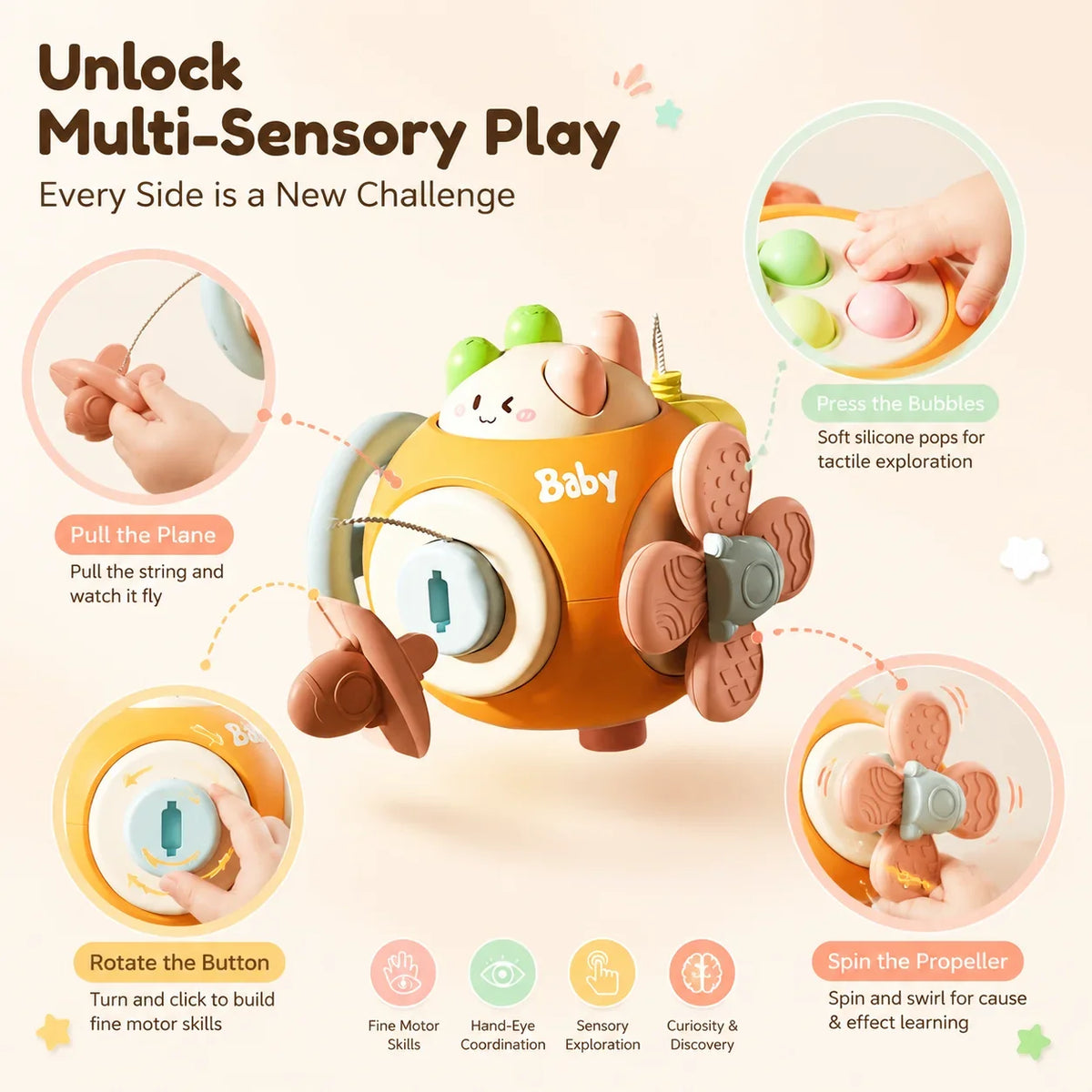 6-in-1 Sensory Busy Ball Montessori Interactive Toy Baby Fine Motor Training Early Educational Play Gift for Infant Toddler 6 M+