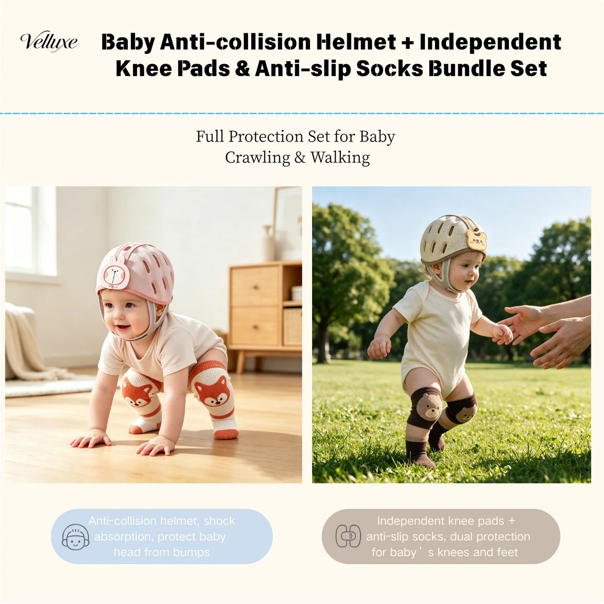 Baby Walking Protection Bundle, Adjustable Anti-collision Helmet &Knee Pads & Anti-slip Socks, Full Safety Gear for Toddler Cra