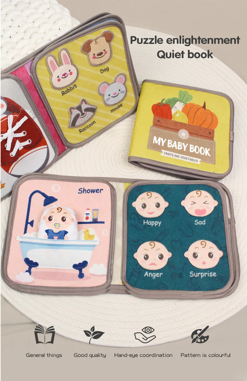 Montessori Busy Book Baby Early Education Book，Puzzle Toy, Animal Cognitive Fabric Book, Repeated Paste Book & Sensory Toys