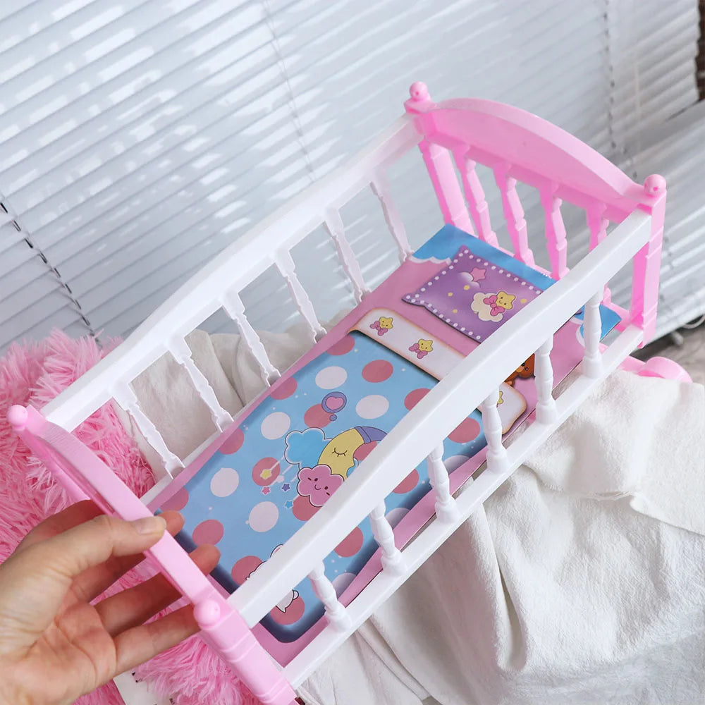 Infant Carriage Baby Bed Cradle Pretend Play Furniture Toys Baby Doll Rocking Bed Role Play Pink Blue Doll Rocking Crib
