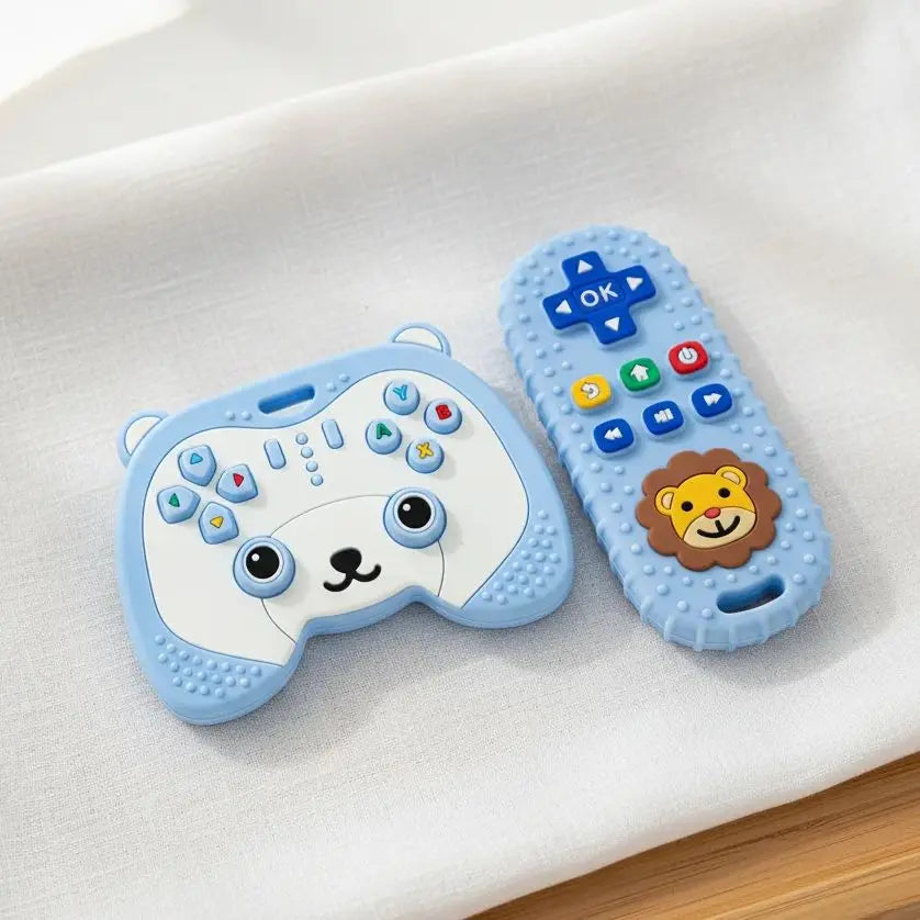 2Pcs Baby Teething Toys for 0-6 6-12 Months Silicone Bear Game Controller & Lion Teether Set