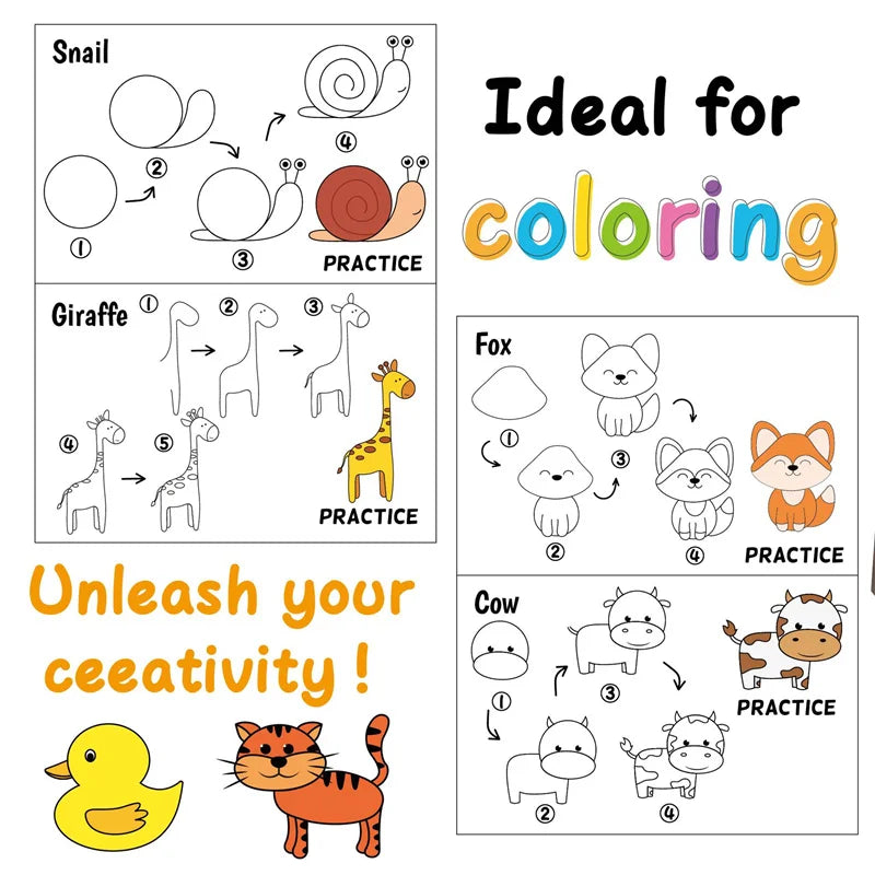Fun Drawing Book Drawing Book Step-by-Step Guide with Animal Illustrations Cute Cartoon Characters Colorful Patterns Book
