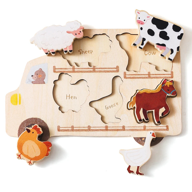 Wooden Puzzle Montessori Toys Kids Cartoon Vehicle Traffic Hand Grab Boards Early Educational Toys Tangram Jigzaw Cognitive Gift