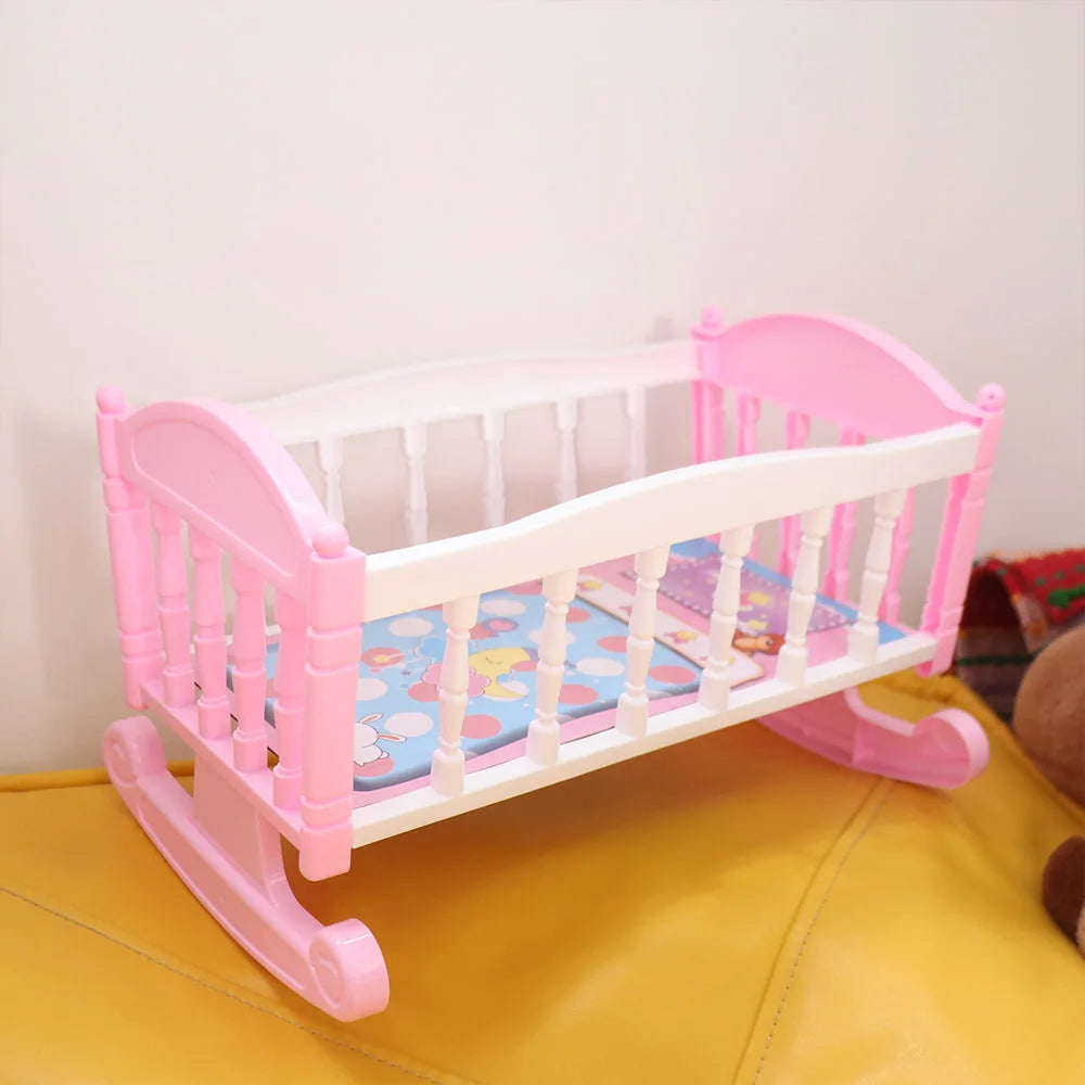 Infant Carriage Baby Bed Cradle Pretend Play Furniture Toys Baby Doll Rocking Bed Role Play Pink Blue Doll Rocking Crib