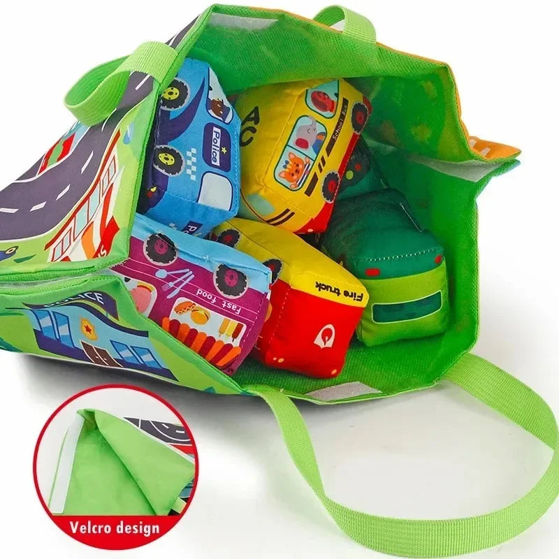 Early Learning Montessori Soft Cloth Car Toy Set with Play Mat 6 Vehicle For Baby Interactive Sound Paper Rattle Toy 12-18 Month