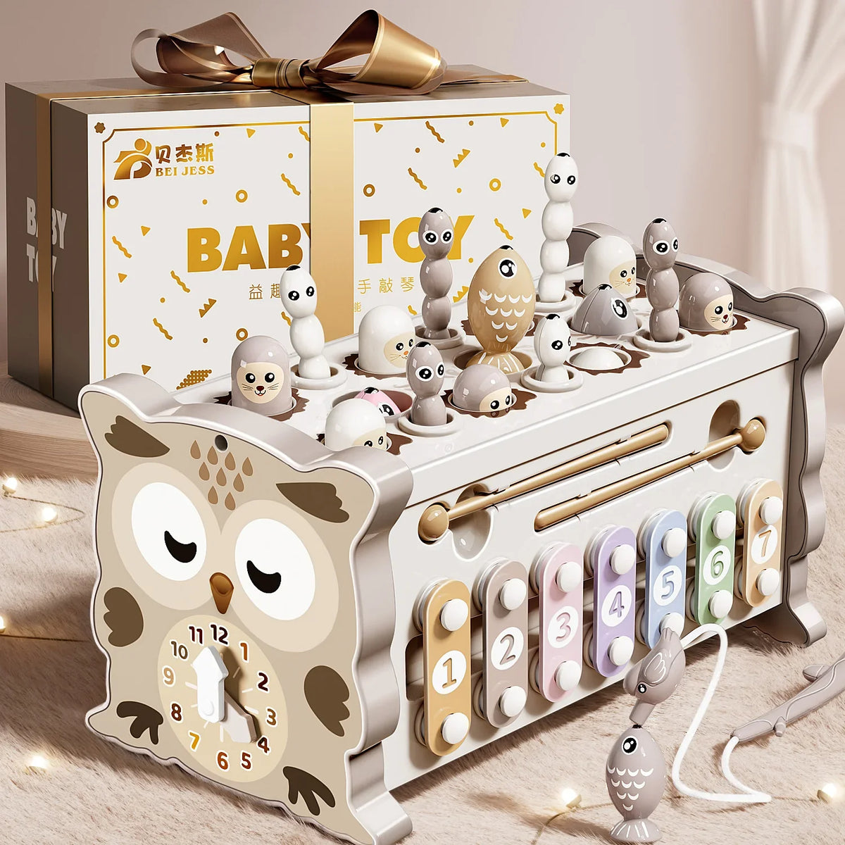 Children Montessori Toy Sensory Magnetic Educational Fishing Owl Busy Board Mole Game Number Xylophone for 3 Year Toddlers Gifts