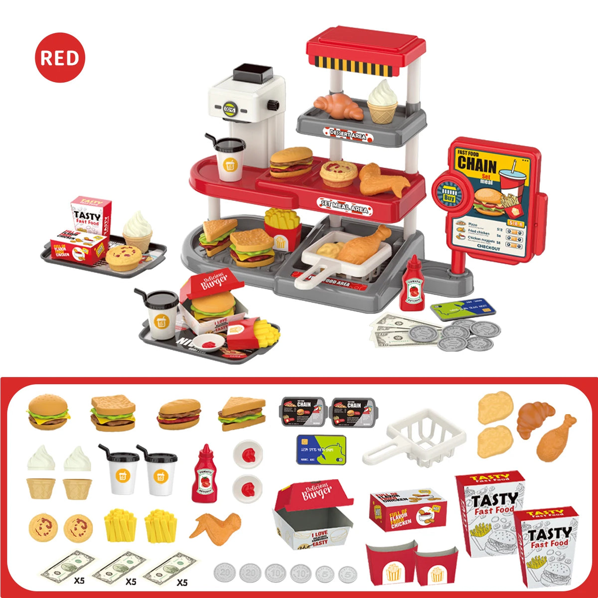 Children's Pretend-Play Toys  Realistic Hamburger Food, Fast Food Grill, Tent Set, Mini Collection for Role-Playing, Festive Gif