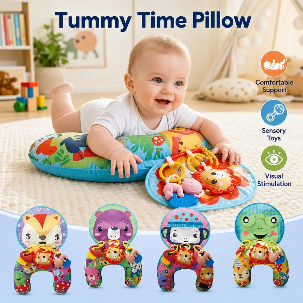 Baby Tummy Time Pillow with Rattle Toys, Multifunctional Crawling Mat Play Gym for Infants, Colorful Cartoon Animals Support Cus