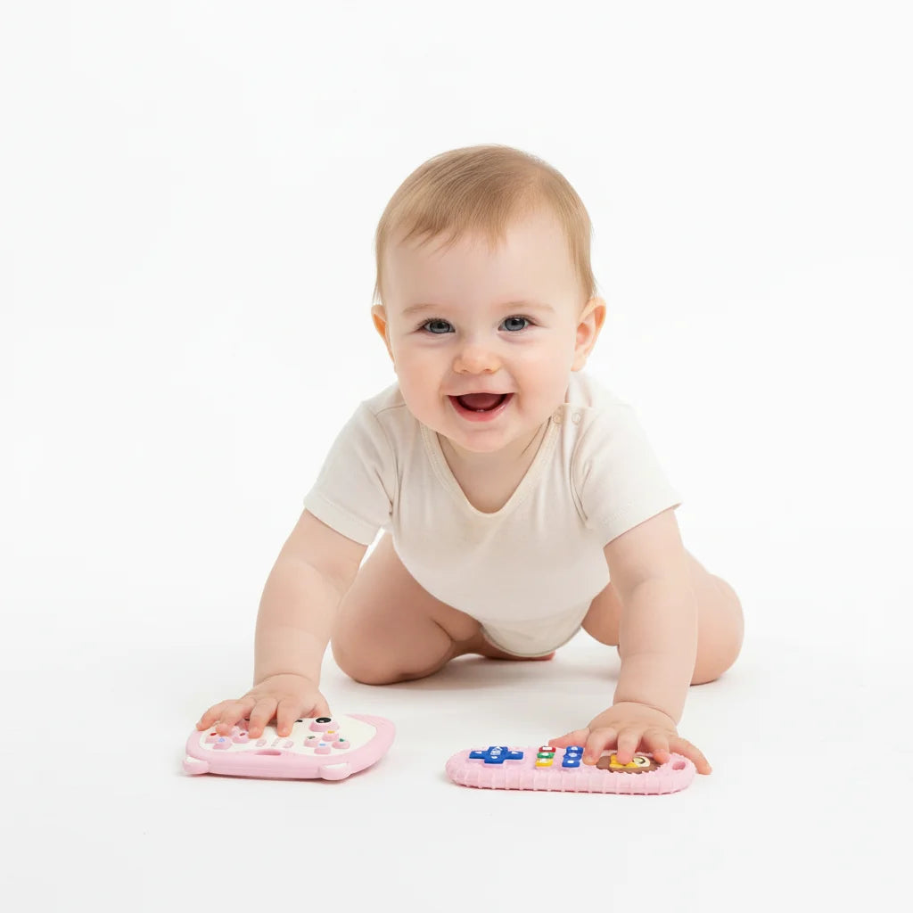 2Pcs Baby Teething Toys for 0-6 6-12 Months Silicone Bear Game Controller & Lion Teether Set