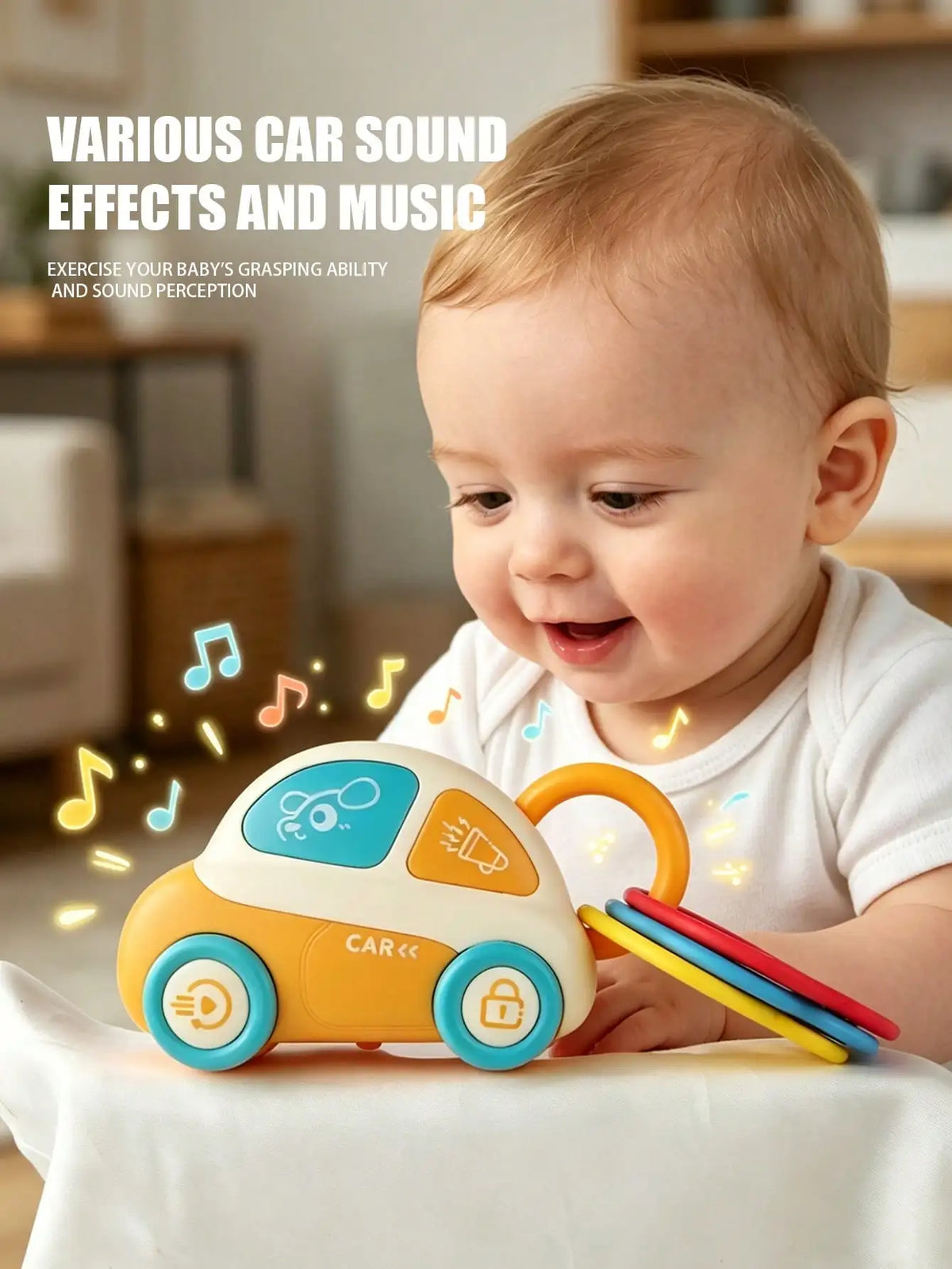 Baby Car Key Rattle Toy with Sound & Flashing Light, Infant Teething Silicone Key, Multifunctional Early Educational Toy