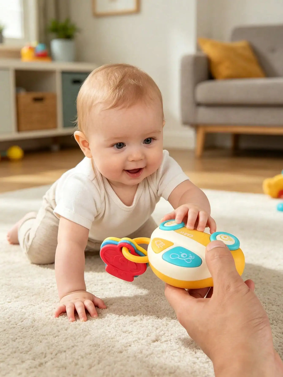 Baby Car Key Rattle Toy with Sound & Flashing Light, Infant Teething Silicone Key, Multifunctional Early Educational Toy