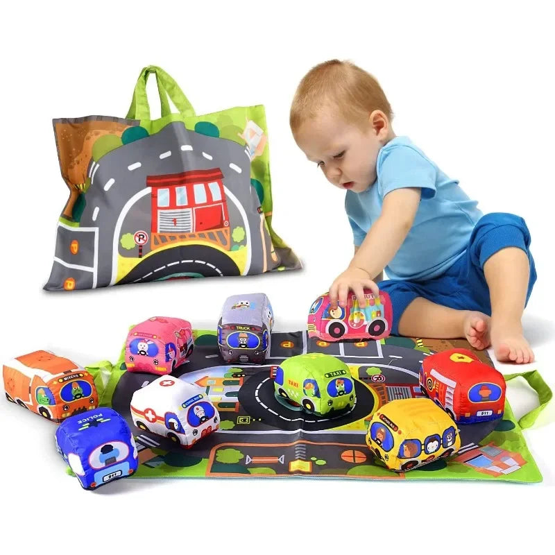 Early Learning Montessori Soft Cloth Car Toy Set with Play Mat 6 Vehicle For Baby Interactive Sound Paper Rattle Toy 12-18 Month