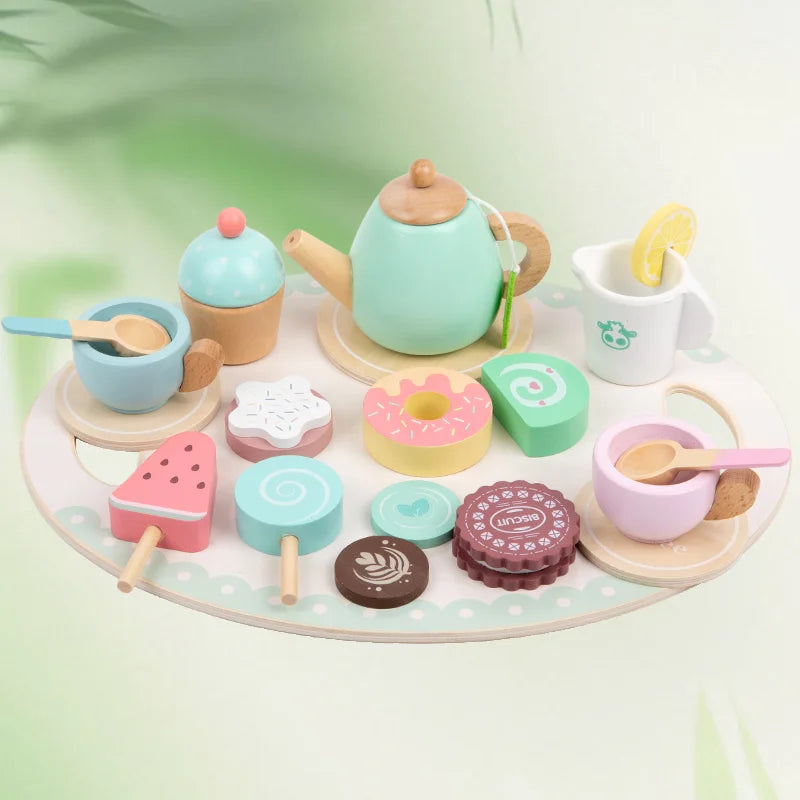 Toddler Wooden Tea Party Toys - Simulation Tableware & Dessert, Parent-Child Pretend Play, Toys and Gifts for Kids