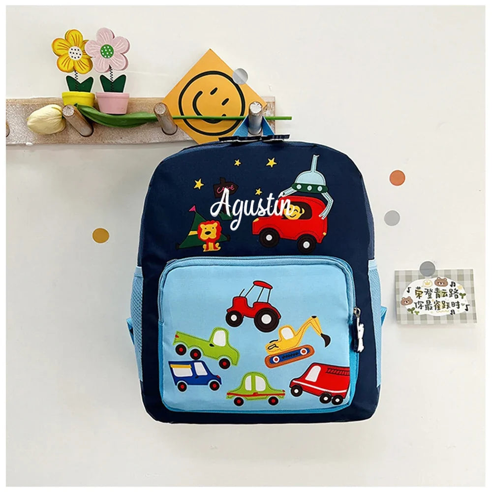 Cartoon Cars Kindergarten Backpacks Personalized Embroidered Name Children's Schoolbags Custom Name Baby Outgoing Snack Bags