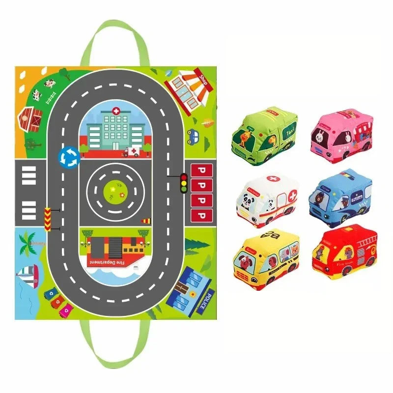 Early Learning Montessori Soft Cloth Car Toy Set with Play Mat 6 Vehicle For Baby Interactive Sound Paper Rattle Toy 12-18 Month