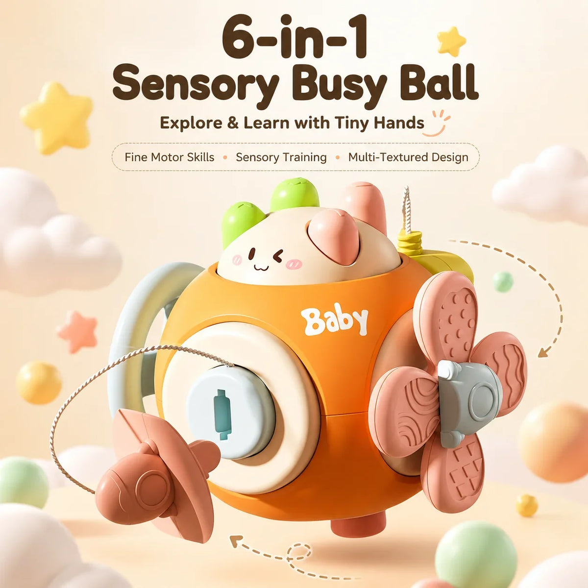 6-in-1 Sensory Busy Ball Montessori Interactive Toy Baby Fine Motor Training Early Educational Play Gift for Infant Toddler 6 M+