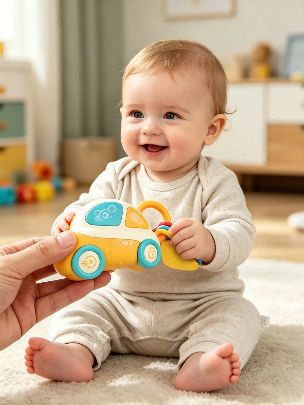 Baby Car Key Rattle Toy with Sound & Flashing Light, Infant Teething Silicone Key, Multifunctional Early Educational Toy